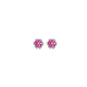 Brinco Flor Zircônia Rosa e Cravejada em Prata 925 - PL24319