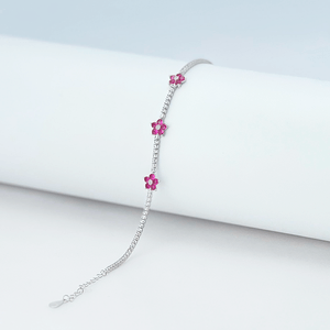 Pulseira Riviera com Flores Rosa em Prata 925 - PL24326