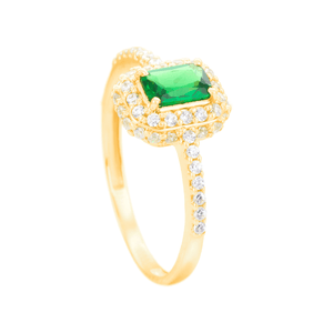 Anel Zircônia Verde Retangular Aro Cravejado em Ouro 18K - AU14316