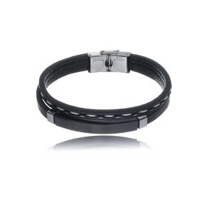 Bracelete Masculino Duplo em Couro Preto - PL17462
