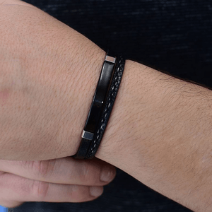 Bracelete Masculino Duplo em Couro Preto - PL17462