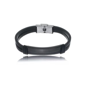 Pulseira Masculina de Couro Preto Fita Dupla em Aço - PL24509