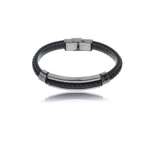 Pulseira Masculina de Couro Preto Trançado em Aço - PL24508