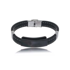Pulseira Masculina de Couro Preto em Aço - PL24507
