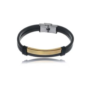 Pulseira Masculina de Couro Preto Duplo e Aço Dourado - PL24510
