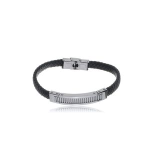Pulseira Masculina de Couro Preto Trançado em Aço - PL24513