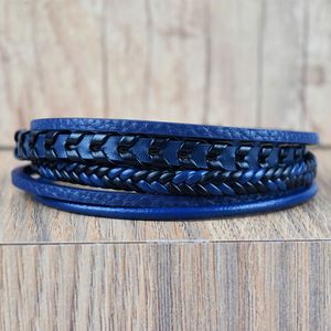 Pulseira Masculina de Couro 5 Tiras Azuis e Preto em Aço - PL24515