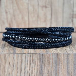 Pulseira Masculina Tiras de Couro Preto e Bolinhas em Aço - PL24514