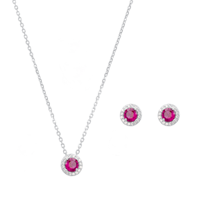 Conjunto Redondo Zircônia Rosa em Prata 925 - PL24602