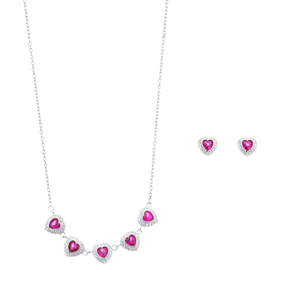Conjunto Corações Zircônias Rosa em Prata 925 - PL24608