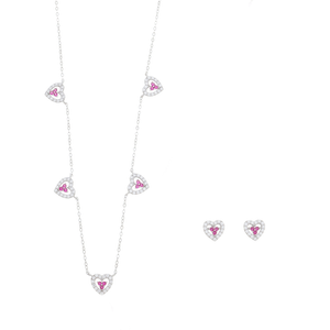 Conjunto Corações Zircônias Rosa em Prata 925 - PL24607