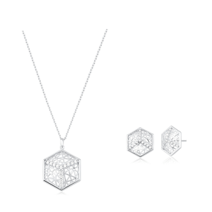 Conjunto Hexagono 3D em Prata 925 - PL24784