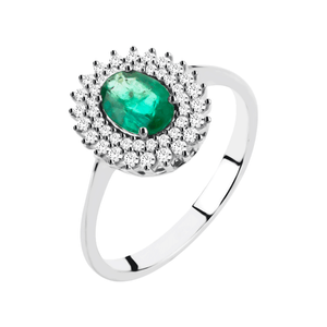 Anel Oval com Esmeralda e Diamantes em Ouro Branco 18K - AU14443