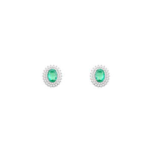 Brinco Oval com Esmeralda e Diamantes em Ouro Branco 18K - AU14441