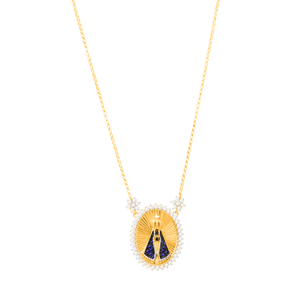 Colar Nossa Senhora com Safira e Diamantes em Ouro 18K - AU14467