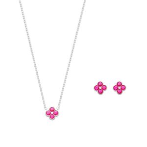 Conjunto Flor com Zircônia Rosa em Prata 925 - PL24722