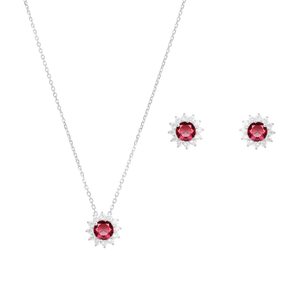 Conjunto Redondo Zircônia Vermelho em Prata 925 - PL24340