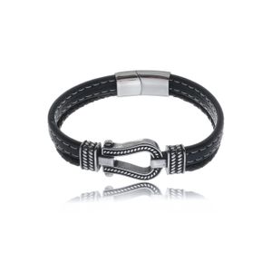 Pulseira Masculina Preta de Couro e Fivela em Aço - PL25154