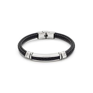 Pulseira Masculina Preta de Couro e Aço Inoxidável - PL25155