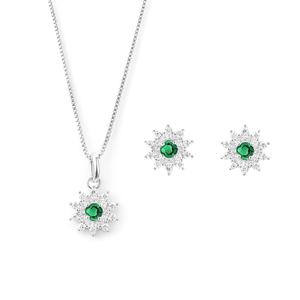 Conjunto Flor Zircônia Verde em Prata 925 - PL26798