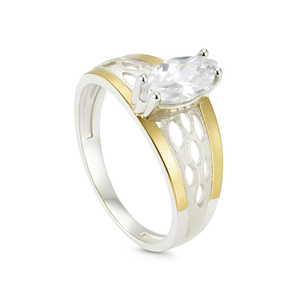 Anel Trabalhado Zircônia Navete em Ouro 10K e Prata 925 - PL27580